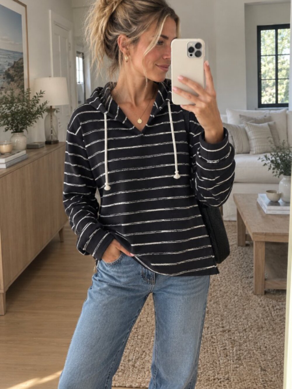 Black & White Striped Cotton Hoodie • Beach Pullover • Coastal Surf Style Jacket